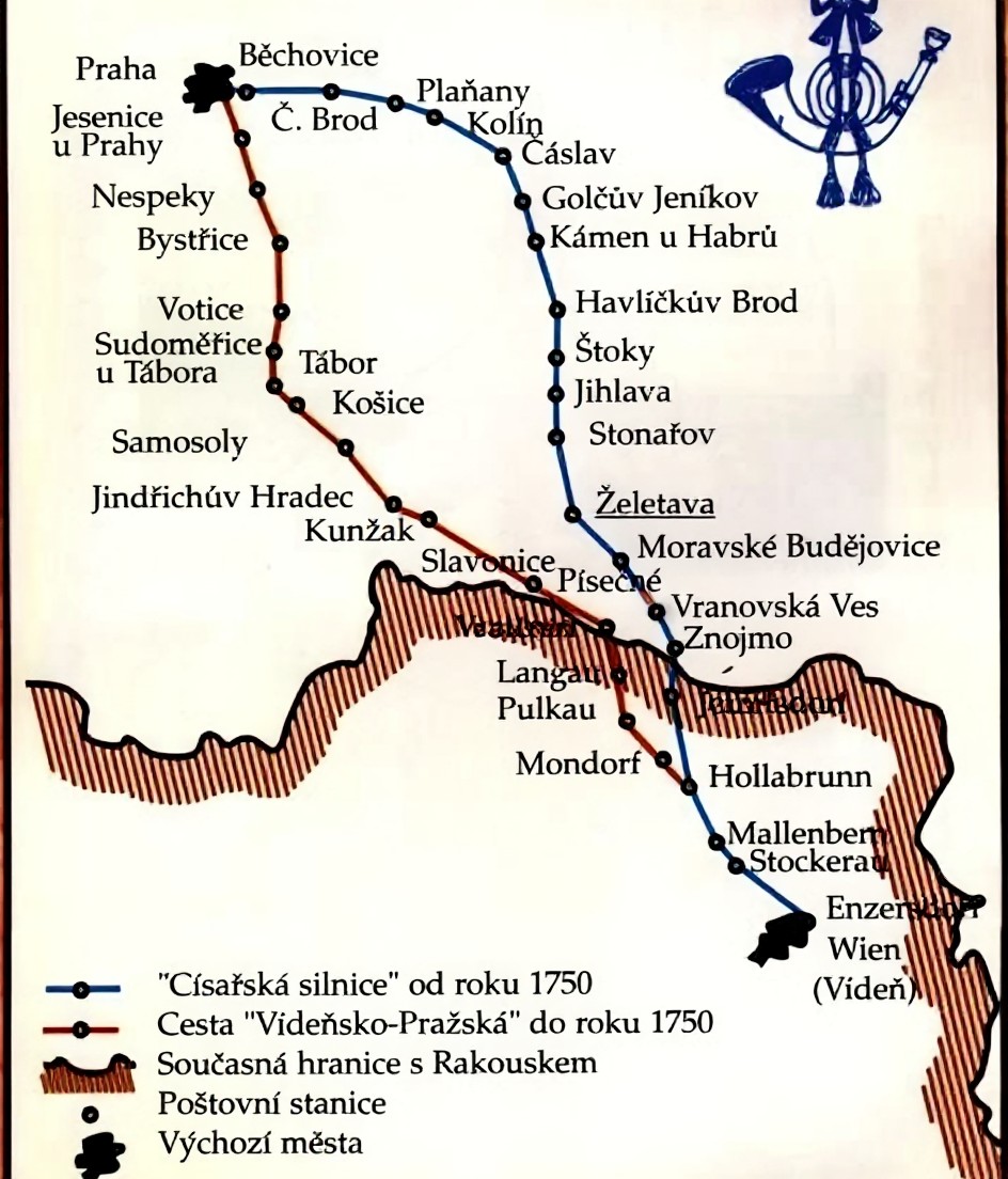 Mapa trasy Císařské silnice z Prahy do Vídně a starší cesty Vídeňsko-Pražské